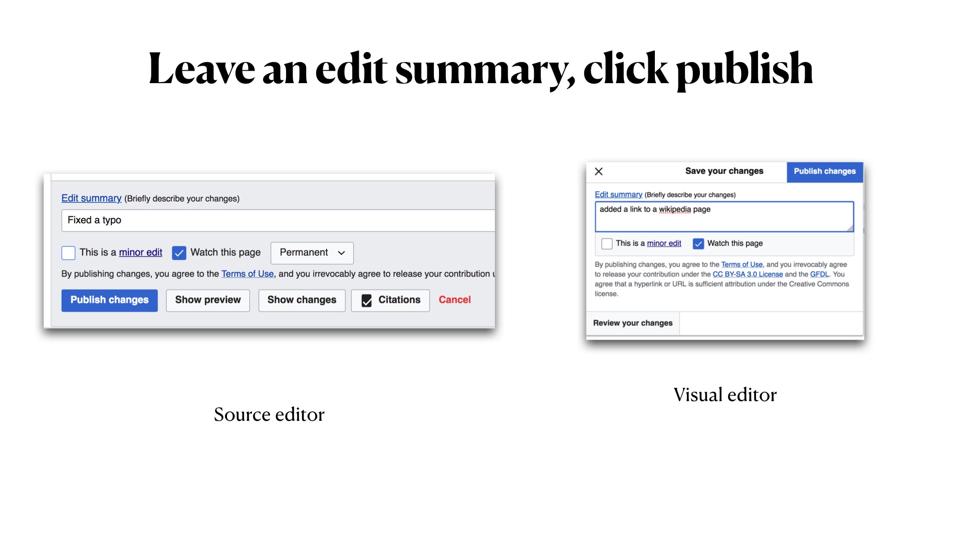 Leave an edit summary, click publish: Screenshots of two smaller windows showing where you write an edit summary and where the 