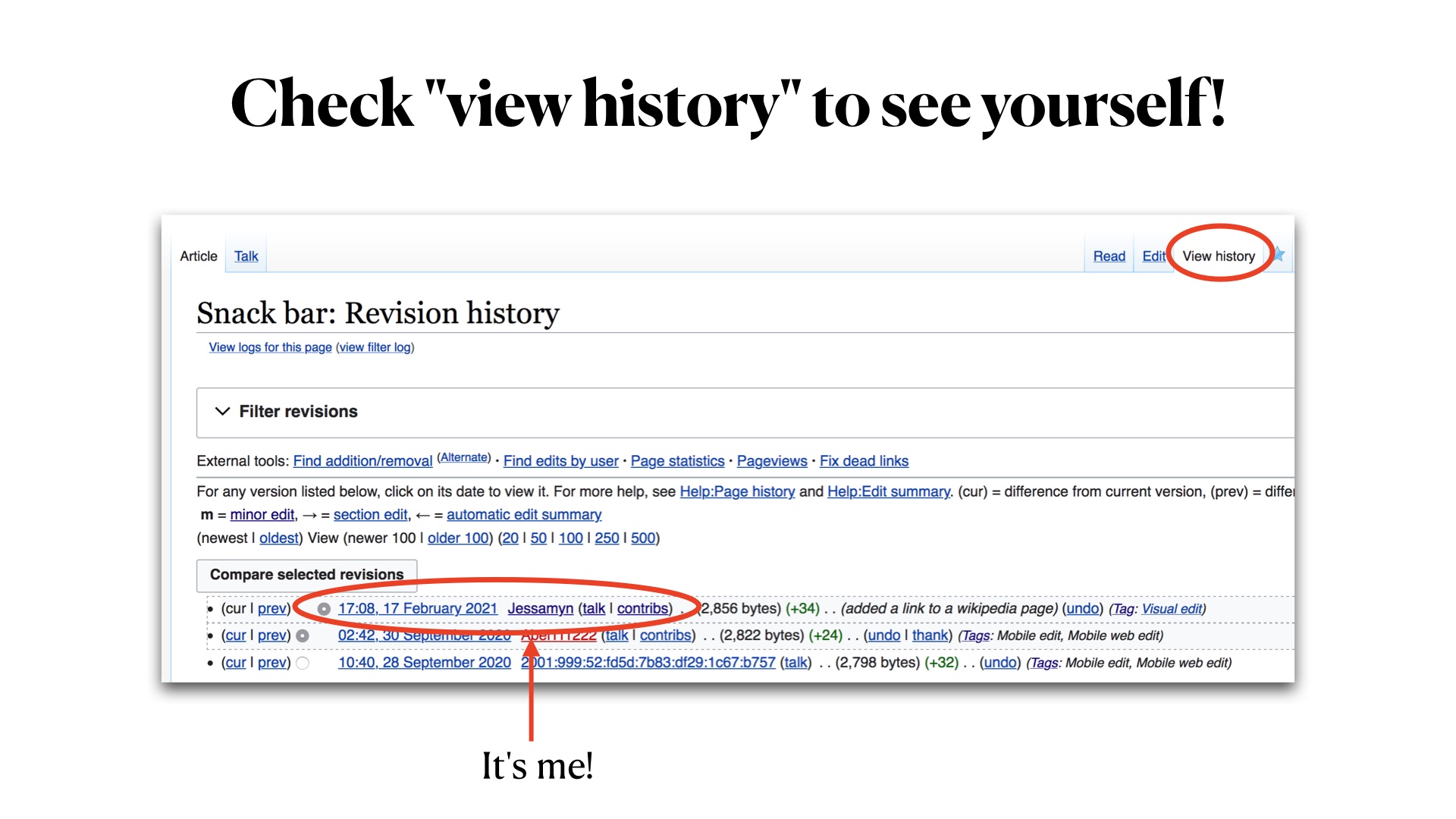 Screenshot of viewing history on this page showing my edit highlighted and you can see my username and my edit summary