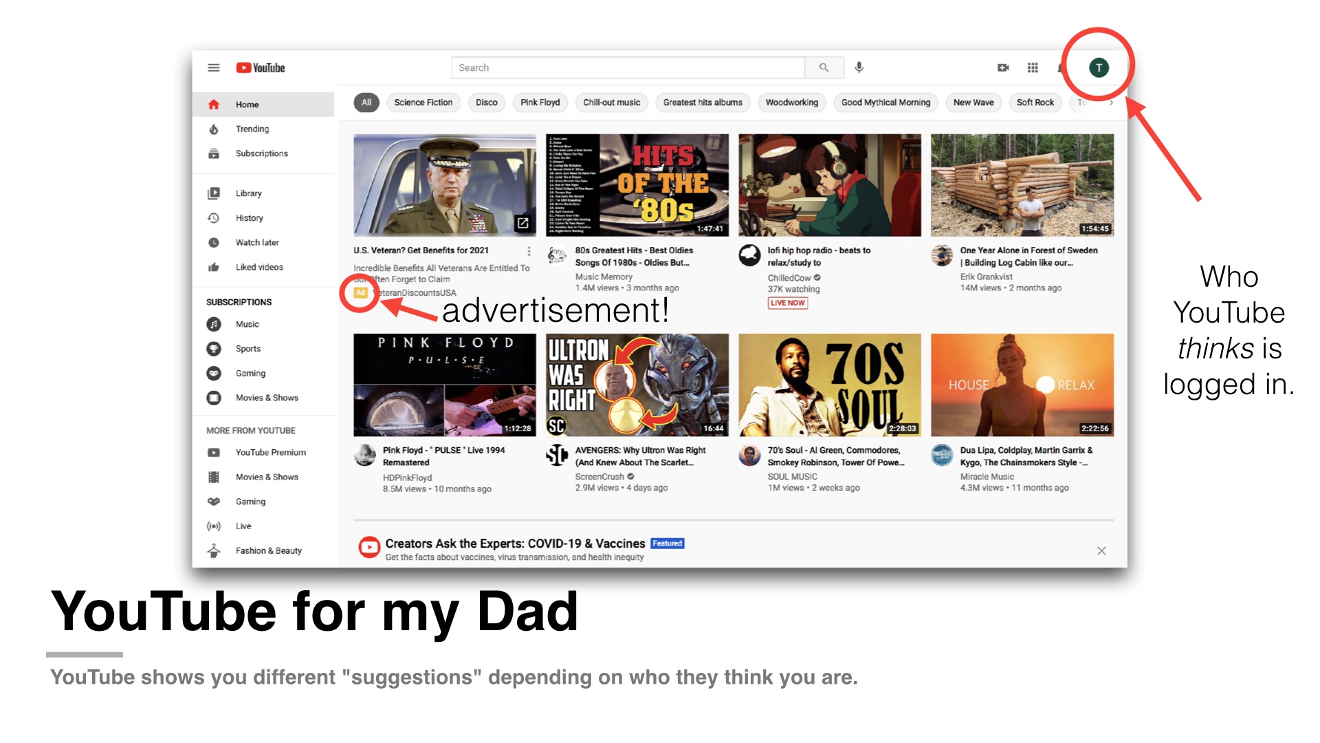 Screenshot of my dad's YouTube showing him logged in in the upper corner and how the videos are different, geared towards an older man including 70s music and an ad trying to solicit veterans for something