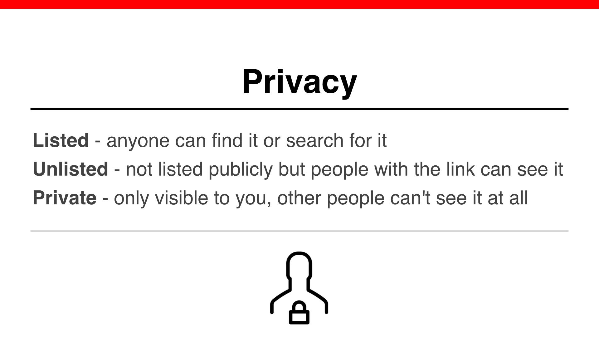 Privacy: Listed - anyone can find it or search for it, Unlisted - not listed publicly but people with the link can see it, Private - only visible to you, other people can't see it at all