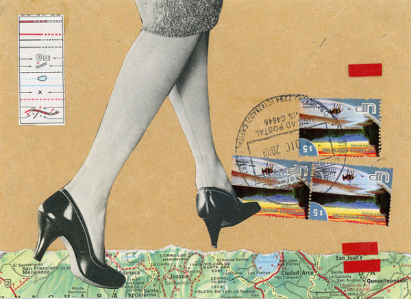 collage image of a woman's feet and part of a map, a postmark and some stamps