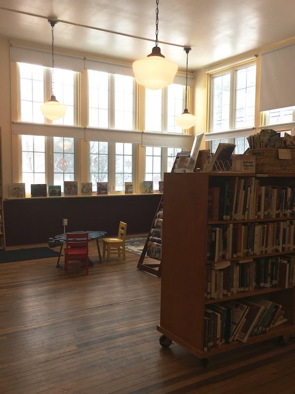 interior of a small public library in Hancock Vermont