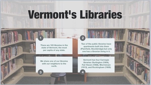 slide showing trivia facts about vermont's libraries readable at the URL given