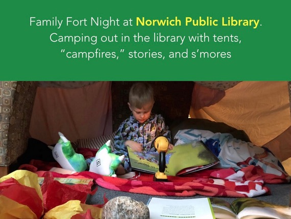 slide showing a kid on a library sleepover with text describing the library's program