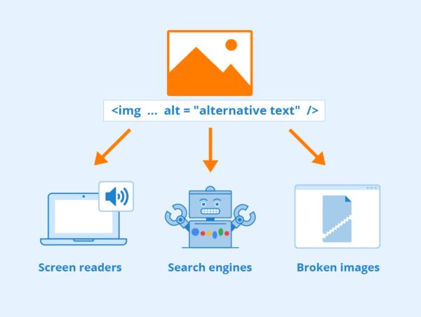 image which is itself showing a stock image with the HTML code for alt text and then arrows from it point to three different "use cases" underneath: screen readers, search engines and broken images.