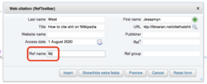 screenshot of the add citation box with the little section where REF goes (lower left) highlighted