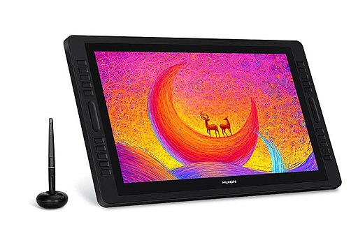 a drawing tablet with a stylus next to it and a very colorful image on the screen