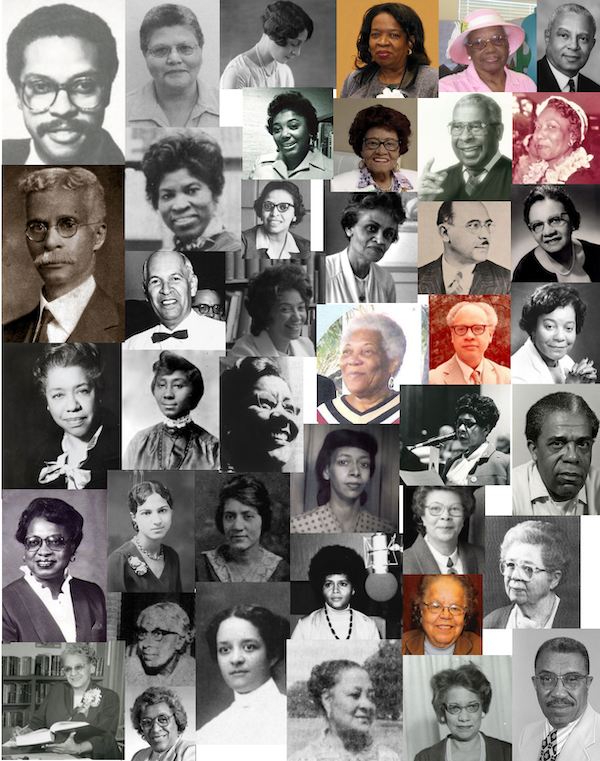 collage of photographs of 41 librarians of color ranging from old black and white ones to much newer color photographs.