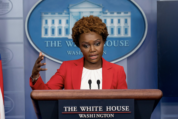 White House deputy press secretary Karine Jean-Pierre speaking to reporters at the White House