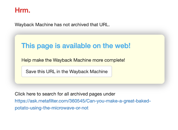 screenshot from the Internet Archive's Wayback Machine indicating that the page is available live on the web.