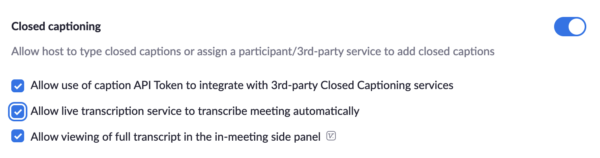 series of checkboxes the the one that is highlighted says "Allow live transcription service to transcribe meeting automatically"