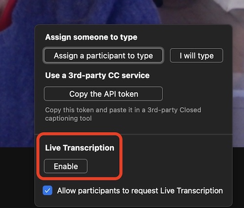 screenshot of the window you see when you click the CC box. It has a red box around the button you need to click to enable lice transcription