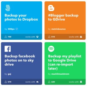 screenshot from IFTTT showing many options for backing up data from other services