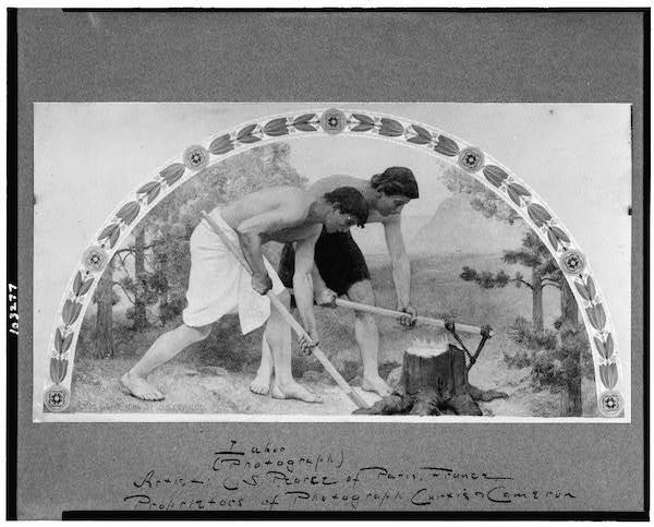 Reproduction of mural in Library of Congress showing two men removing tree stump. 