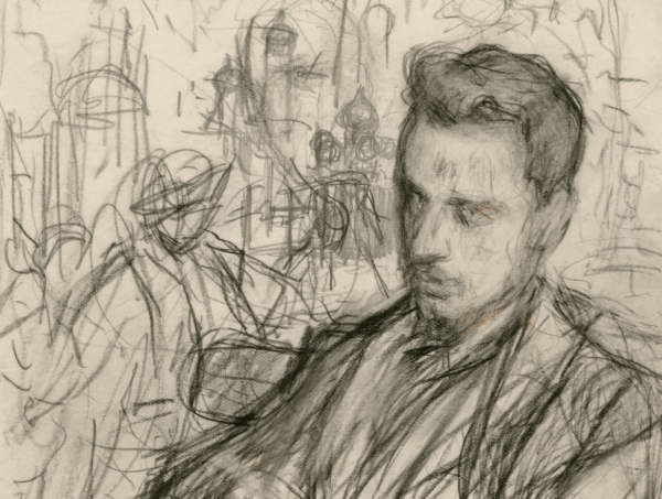 portrait drawing of Rainer Maria Rilke by Leonid Pasternak. It's a rough charcoal sketch with loose outlines and forms of everything which is not Rilke who is himself only a little more filled in in this drawing.